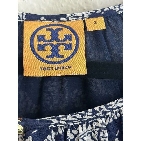Tory Burch Womens Blouse Blue Floral Long Sleeve Button Cuff Keyhole Neck Top 2 - Picture 4 of 5